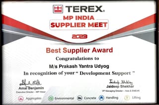 Terex best supplier award certificate, MP India supplier meet.