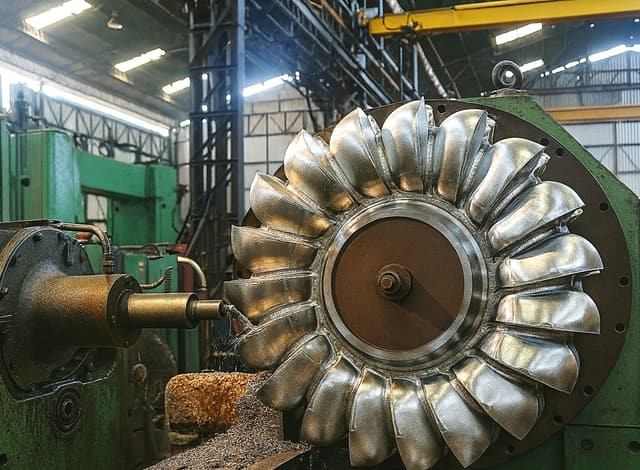 A Pelton turbine runner set up on the lathe, buckets machined around the rim.