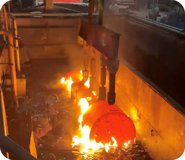 A forging entering the oil quench tank, flame lifting off the surface.